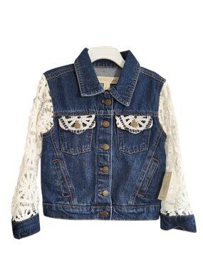 CACTUS & PEARL Crochet Sleeve Blue Denim Jean Jacket - Toddler Girls 4 T